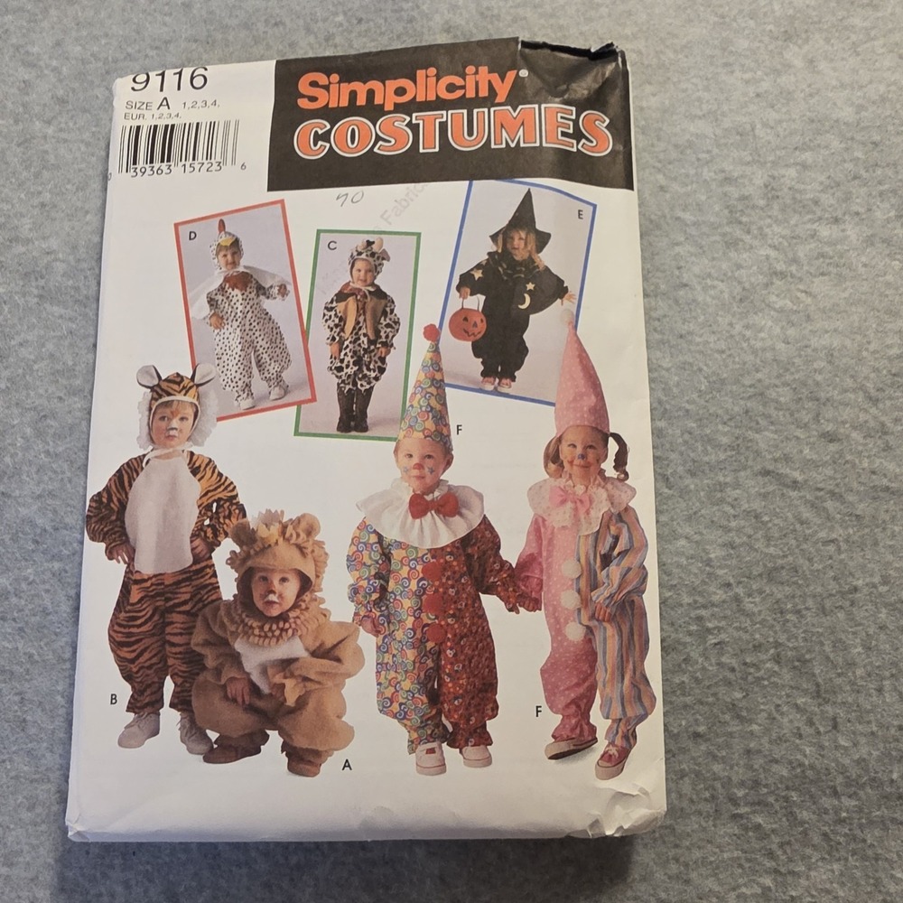 Simplicity 9116 Costume Sewing Pattern Unisex Kids Child Size A 1-4